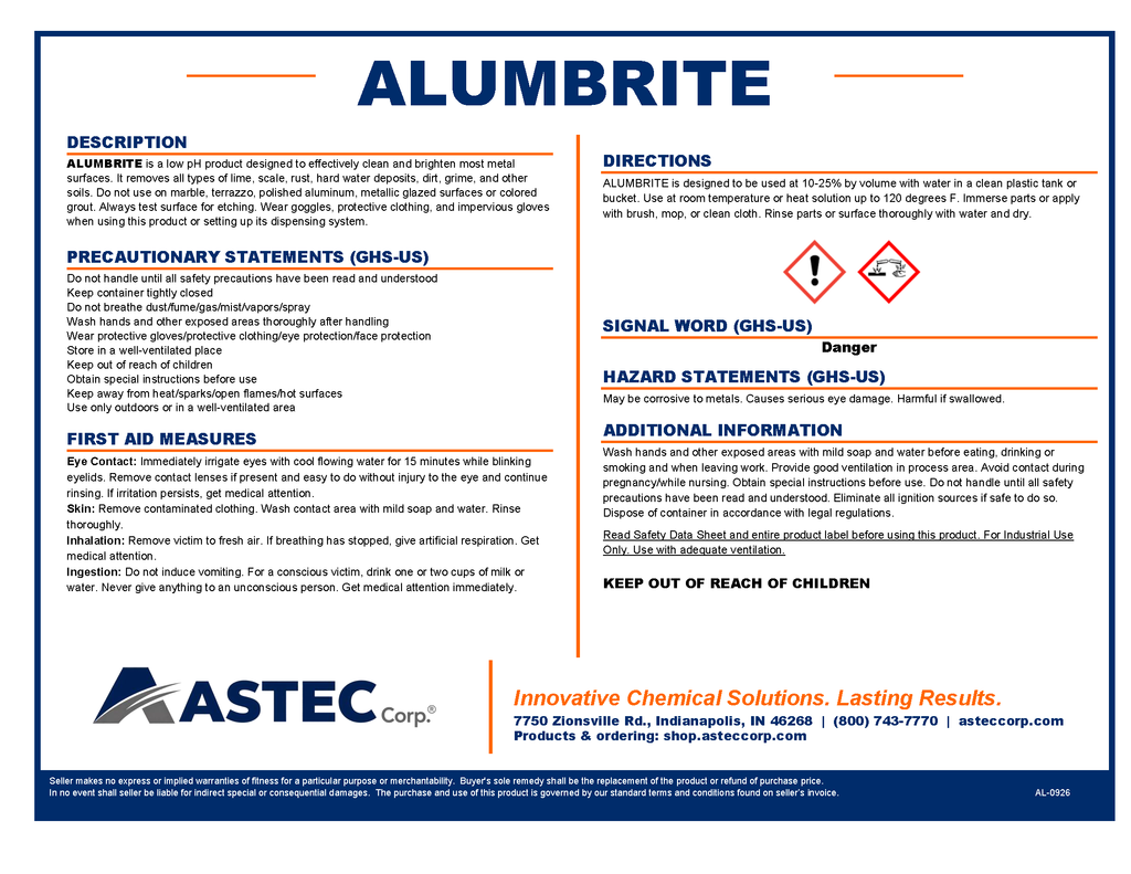 Astec Alumbrite aluminum brightener and metal cleaner product label