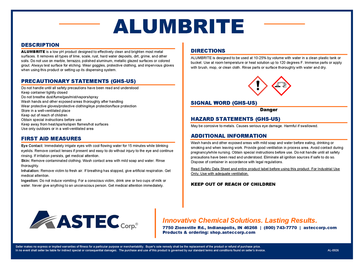 Astec Alumbrite aluminum brightener and metal cleaner product label