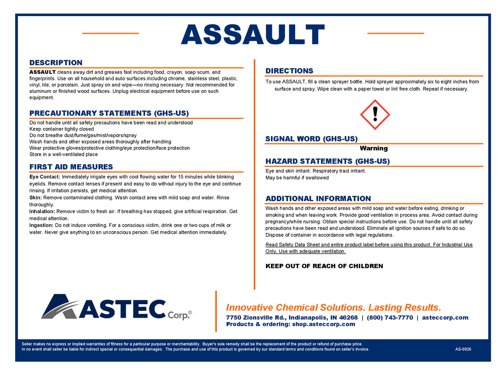Astec Assault light-duty metal and equipment cleaner product label