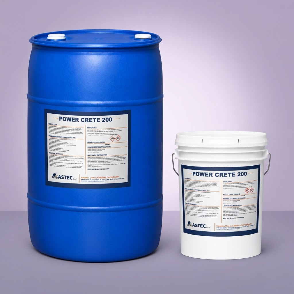 Astec Power Crete 200 heavy-duty concrete remover in 5-gallon pail and 55-gallon drum