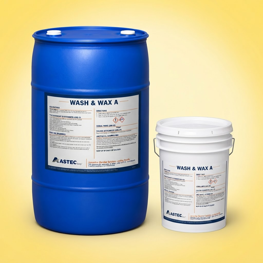Astec Wash & Wax A concrete cleaner and brightener in 5-gallon pail and 55-gallon drum