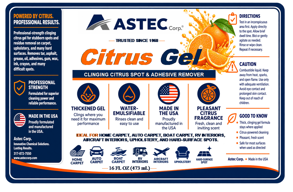 Astec Citrus Gel 16 oz product label showing directions, cautions and key product features