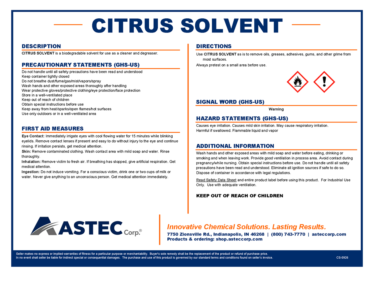 Astec Citrus Solvent high-solvency citrus cleaner and degreaser product label
