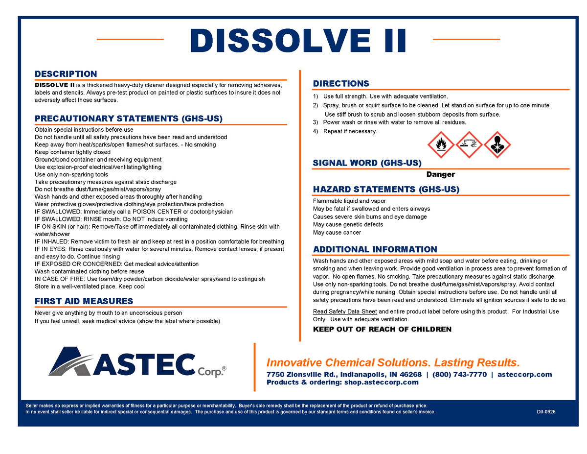 Astec Dissolve II adhesive and coating remover product label