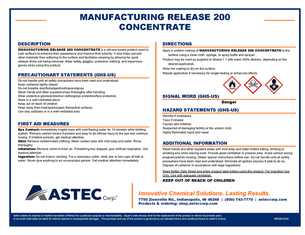 Astec Manufacturing Release 200 Concentrate equipment release coating product label