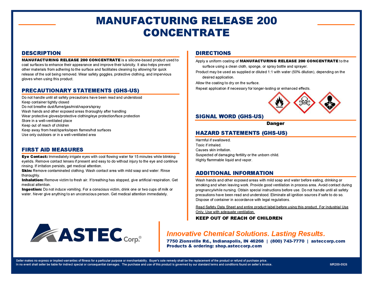 Astec Manufacturing Release 200 Concentrate equipment release coating product label