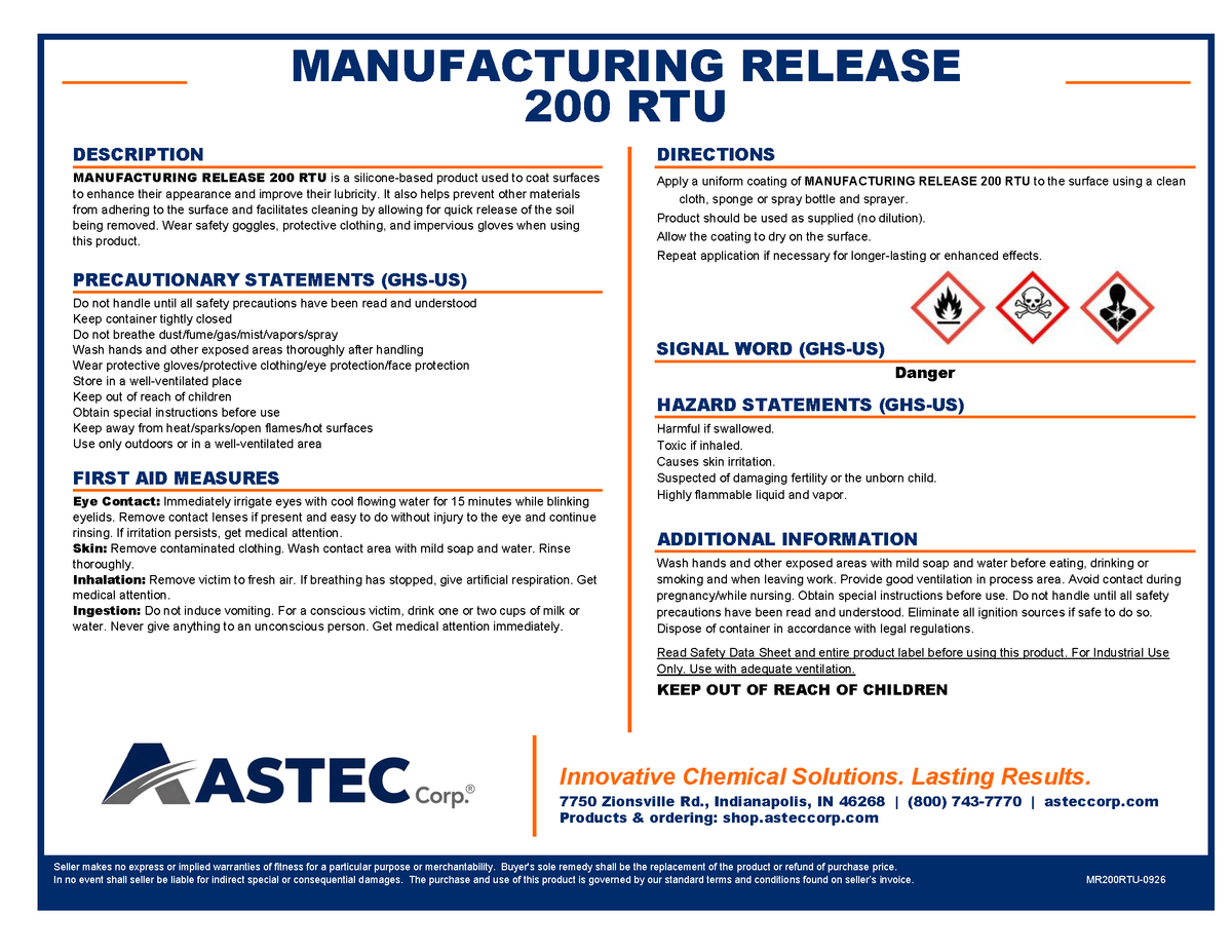 Astec Manufacturing Release 200 Ready to Use equipment release coating product label