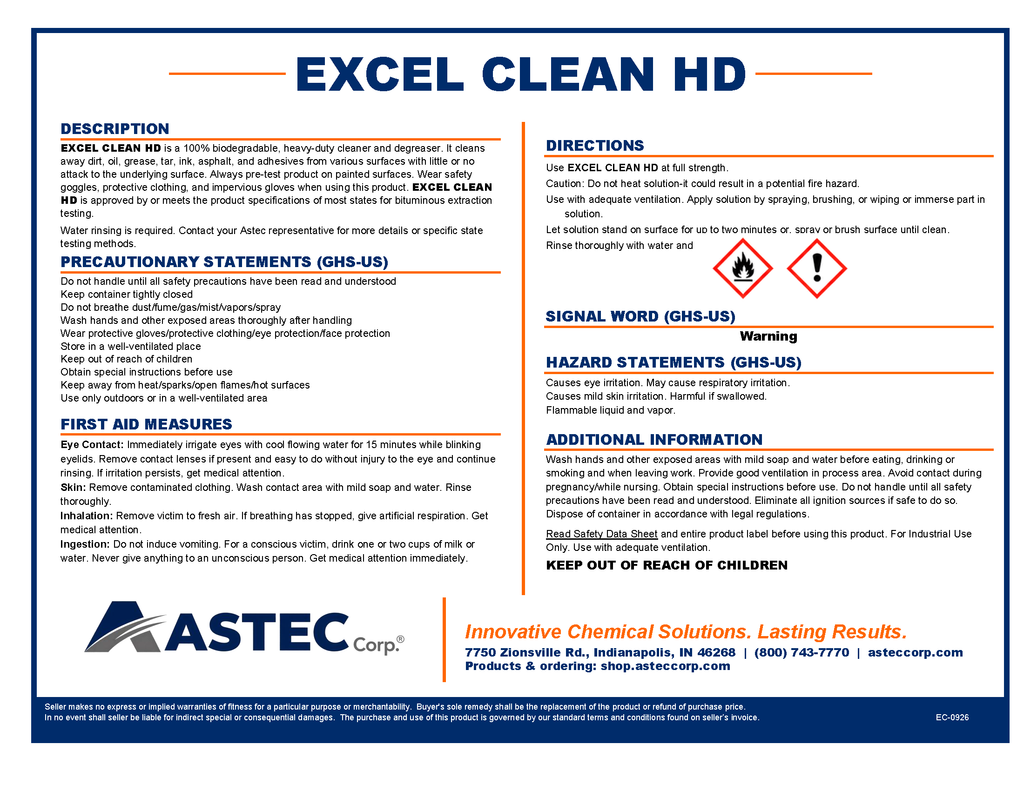 Astec Excel Clean HD asphalt extraction solvent product label