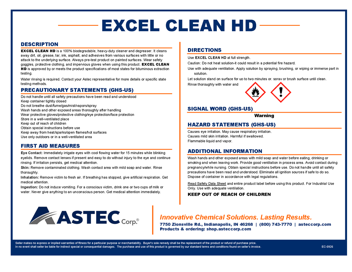 Astec Excel Clean HD asphalt extraction solvent product label