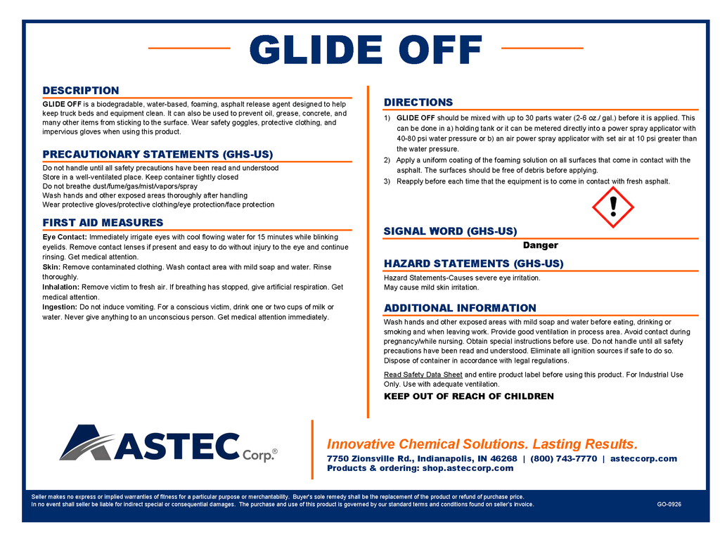 Astec Glide Off asphalt release agent product label