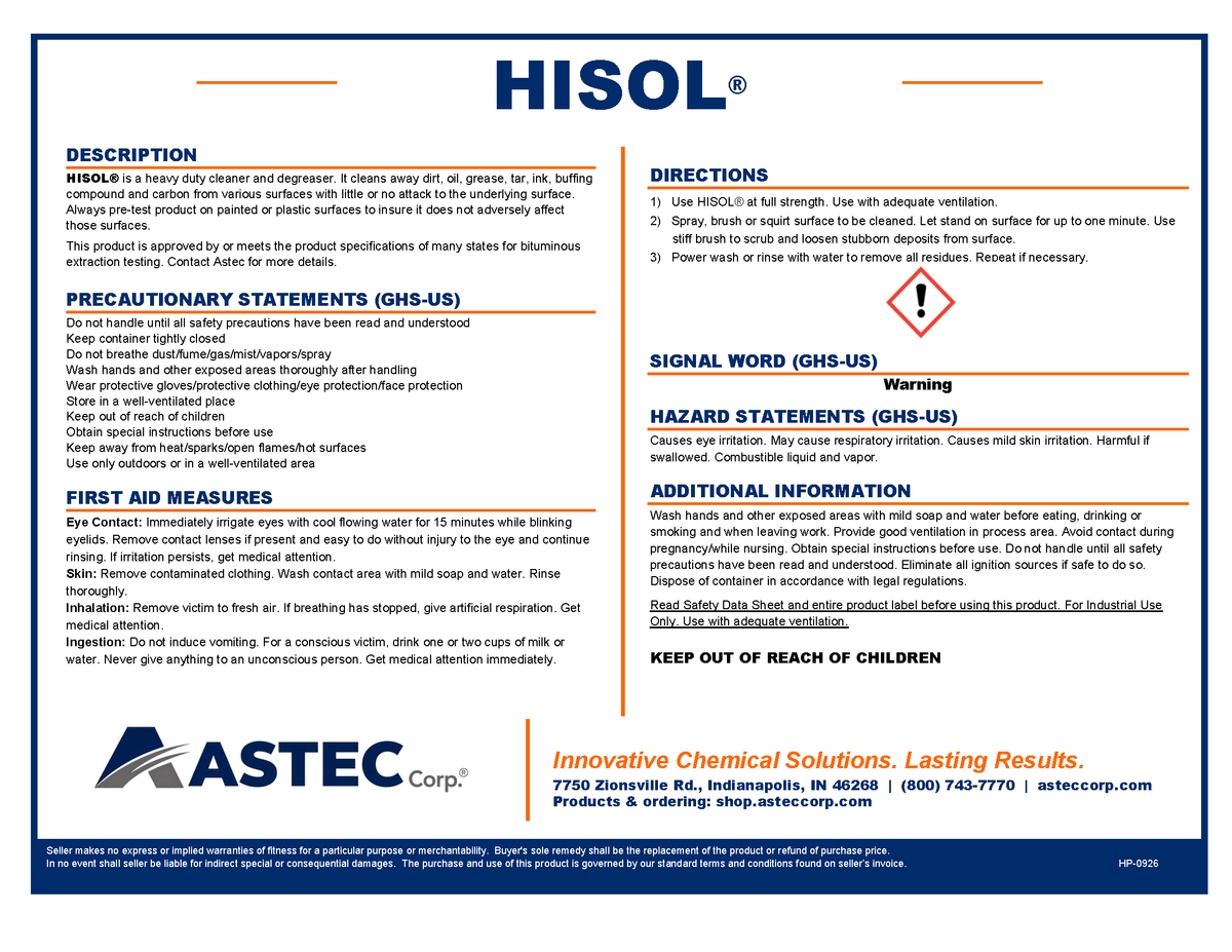 Astec HiSol® high-flash asphalt extraction solvent product label