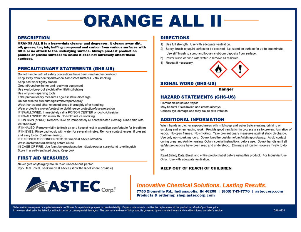 Astec Orange All II heavy-duty citrus solvent cleaner and degreaser product label