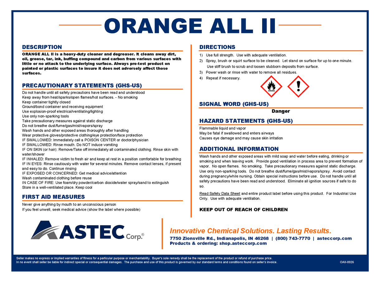 Astec Orange All II heavy-duty citrus solvent cleaner and degreaser product label