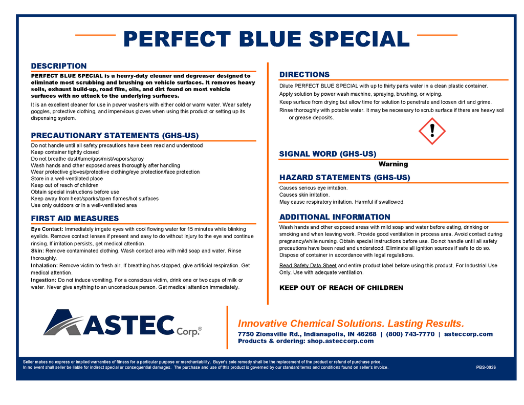 Astec Perfect Blue Special heavy-duty industrial cleaner and degreaser product label