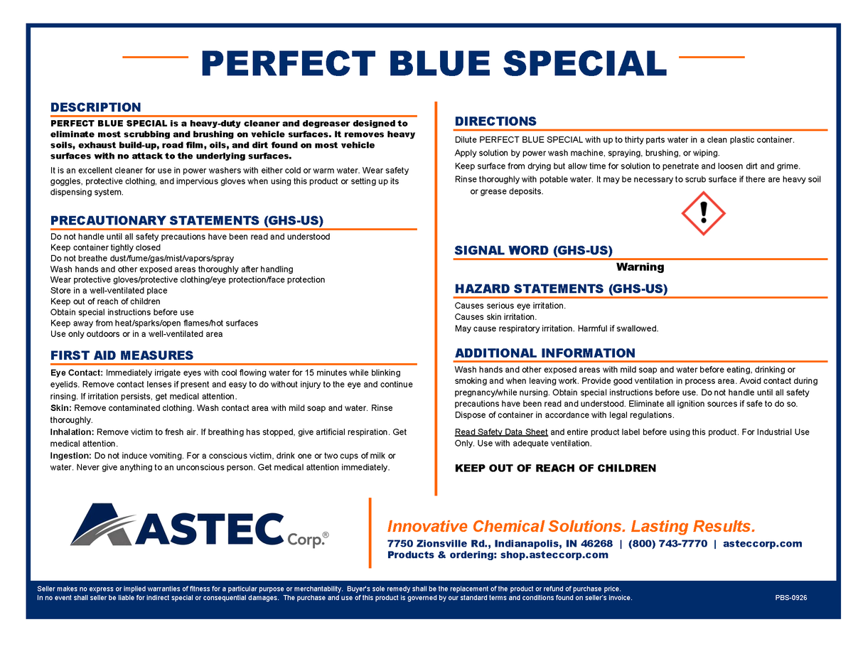 Astec Perfect Blue Special heavy-duty industrial cleaner and degreaser product label