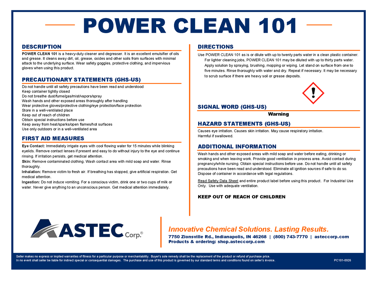 Astec Power Clean 101 heavy-duty alkaline cleaner and degreaser product label