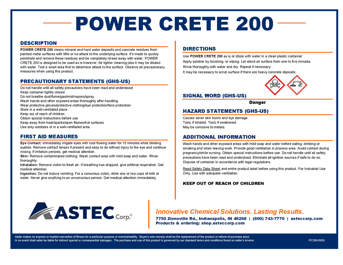 Astec Power Crete 200 heavy-duty concrete product label