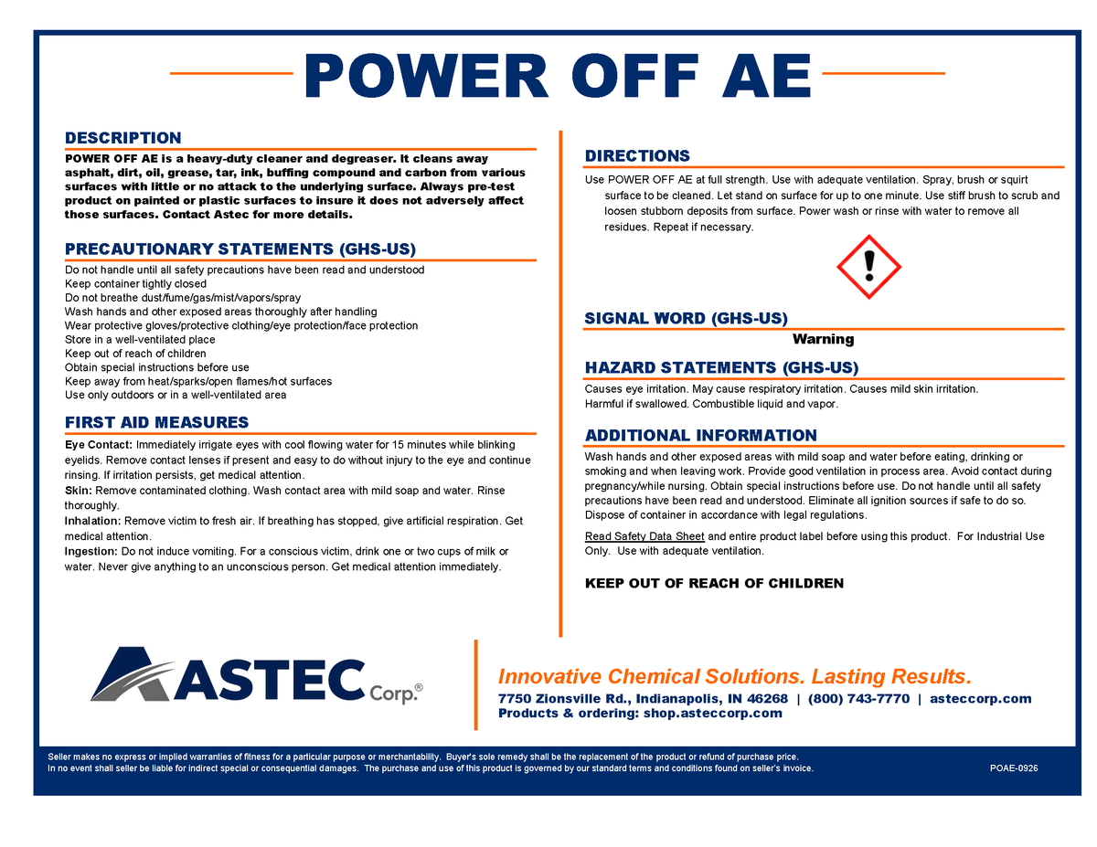 Astec Power Off AE asphalt and petroleum residue cleaner product label