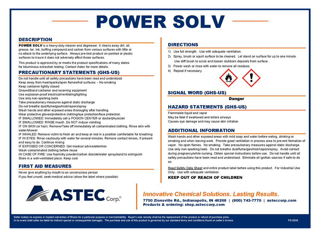Astec Power Solv asphalt extraction solvent product label