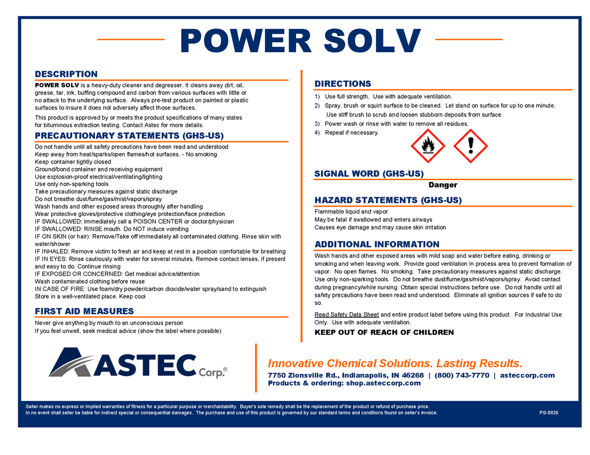 Astec Power Solv asphalt extraction solvent product label