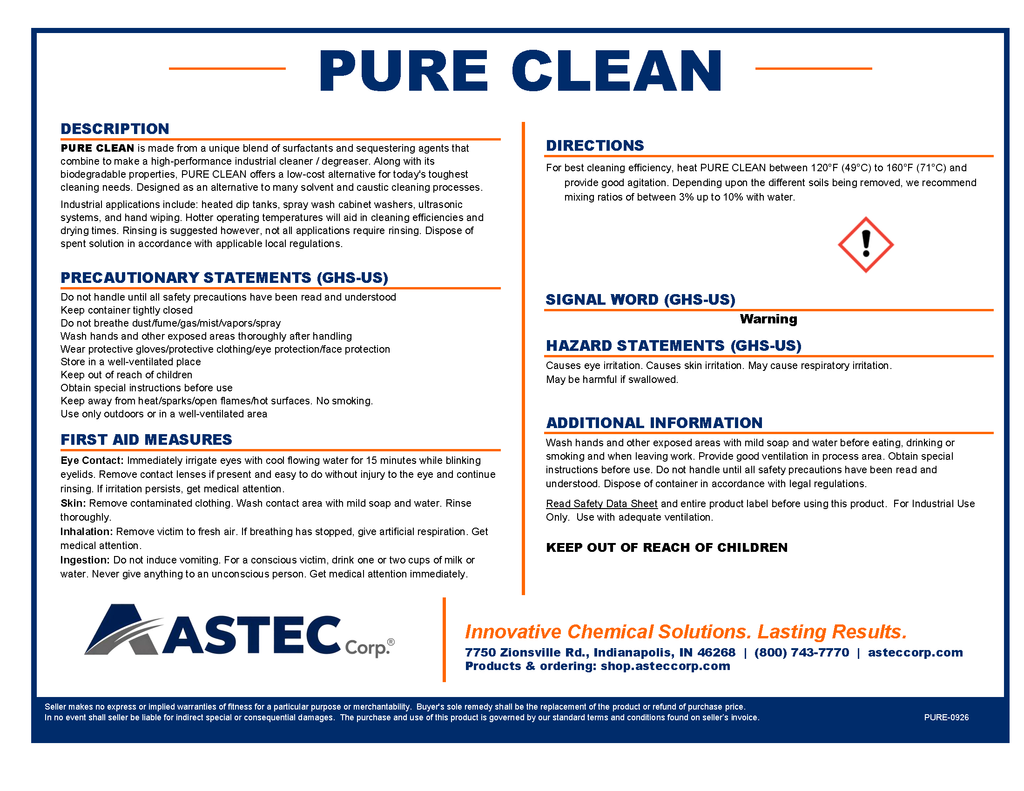 Astec Pure Clean low-foam parts and process cleaner product label