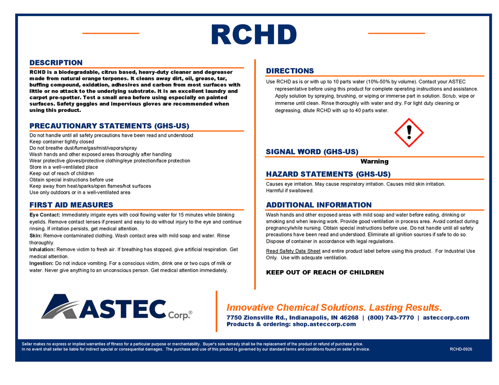 Astec RCHD Heavy-Duty Citrus Cleaner and Degreaser product label