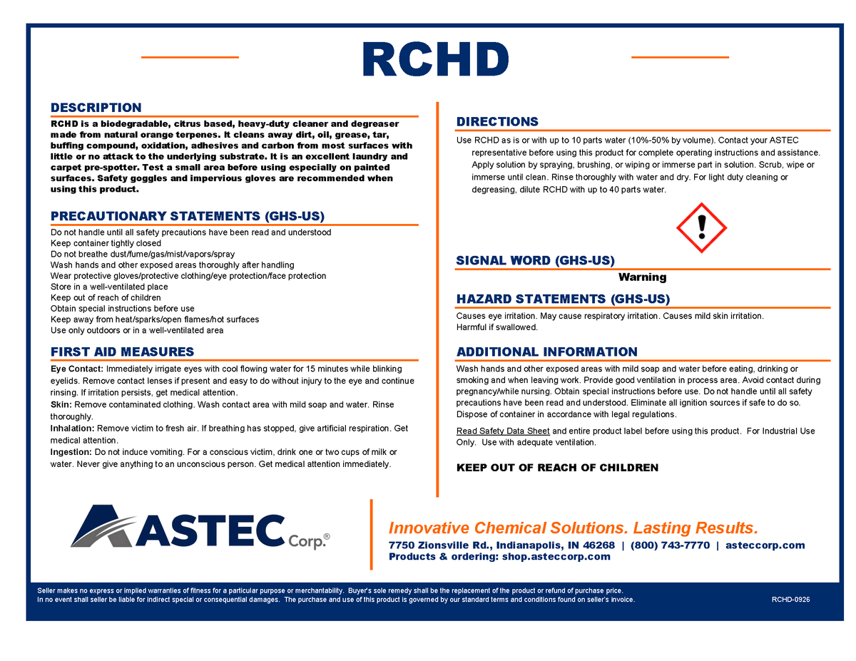 Astec RCHD Heavy-Duty Citrus Cleaner and Degreaser product label