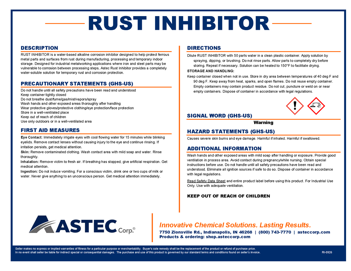 Astec Rust Inhibitor water-based corrosion protectant product label