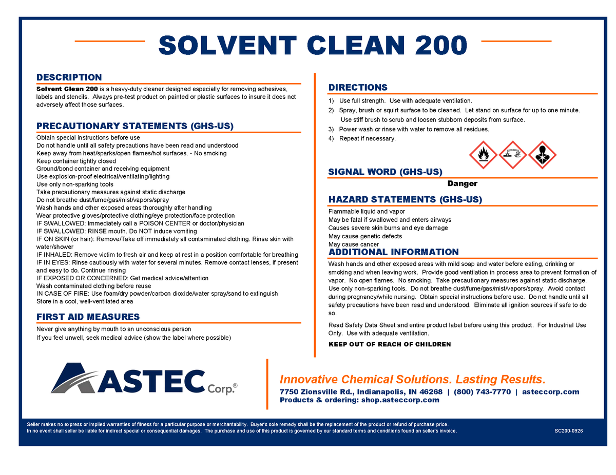 Astec Solvent Clean 200 fast-penetrating industrial solvent cleaner product label