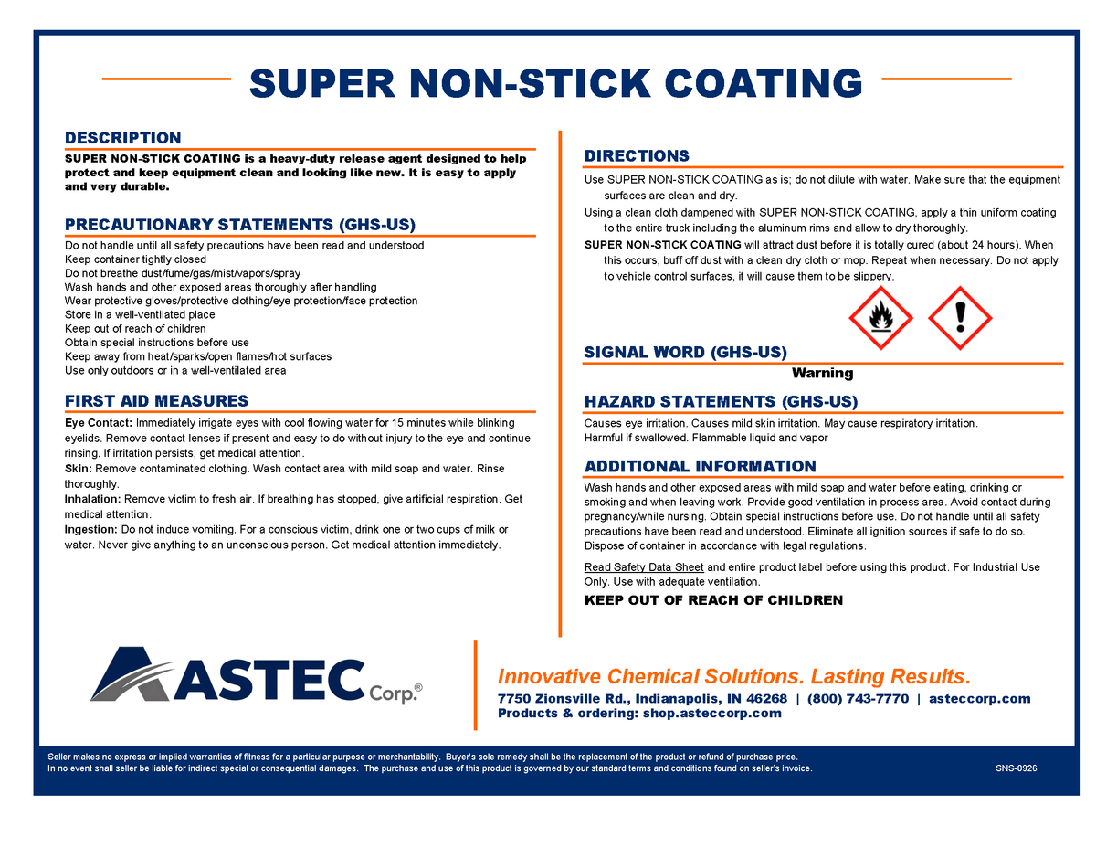 Astec Super Non-Stick Coating concrete equipment protectant and release coating product label