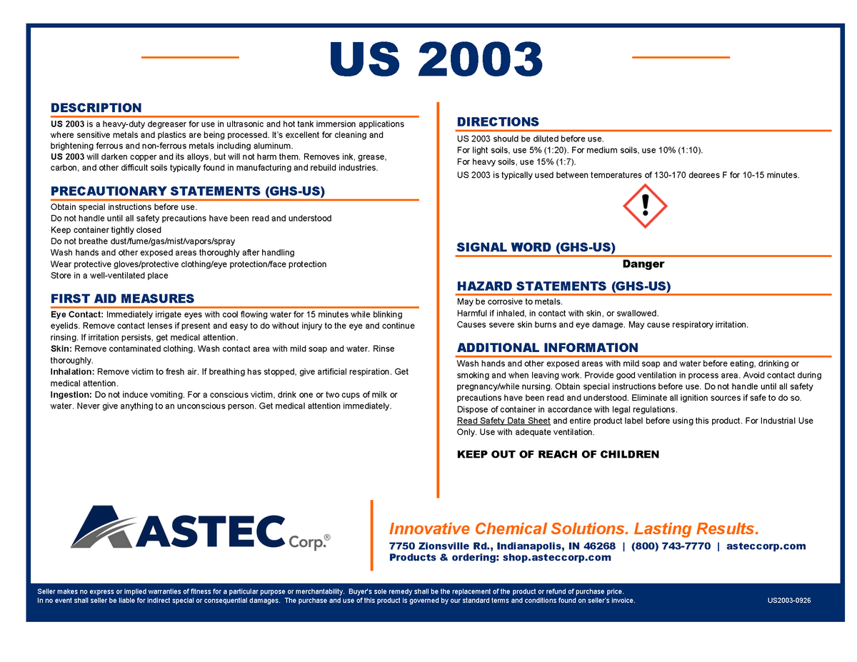 Astec US 2003 heavy-duty parts and metal cleaner and degreaser product label