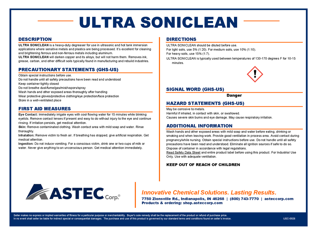 Astec Ultra Soniclean concentrated ultrasonic parts washer cleaner and degreaser product label