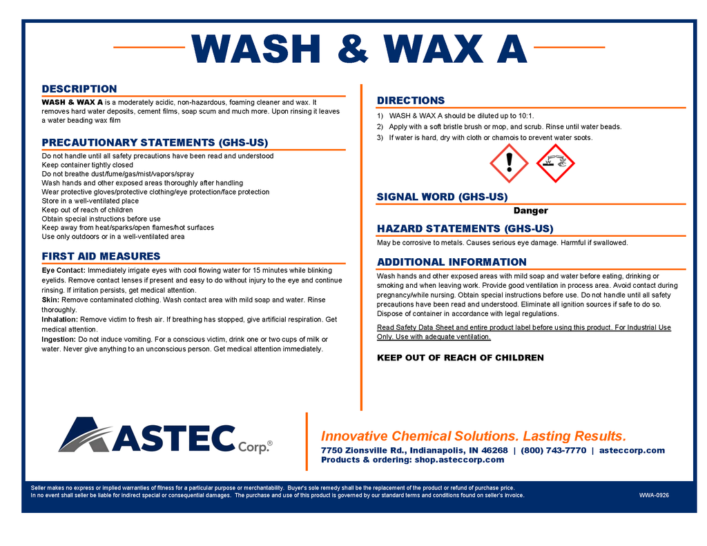 Astec Wash & Wax A concrete cleaner and brightener product label