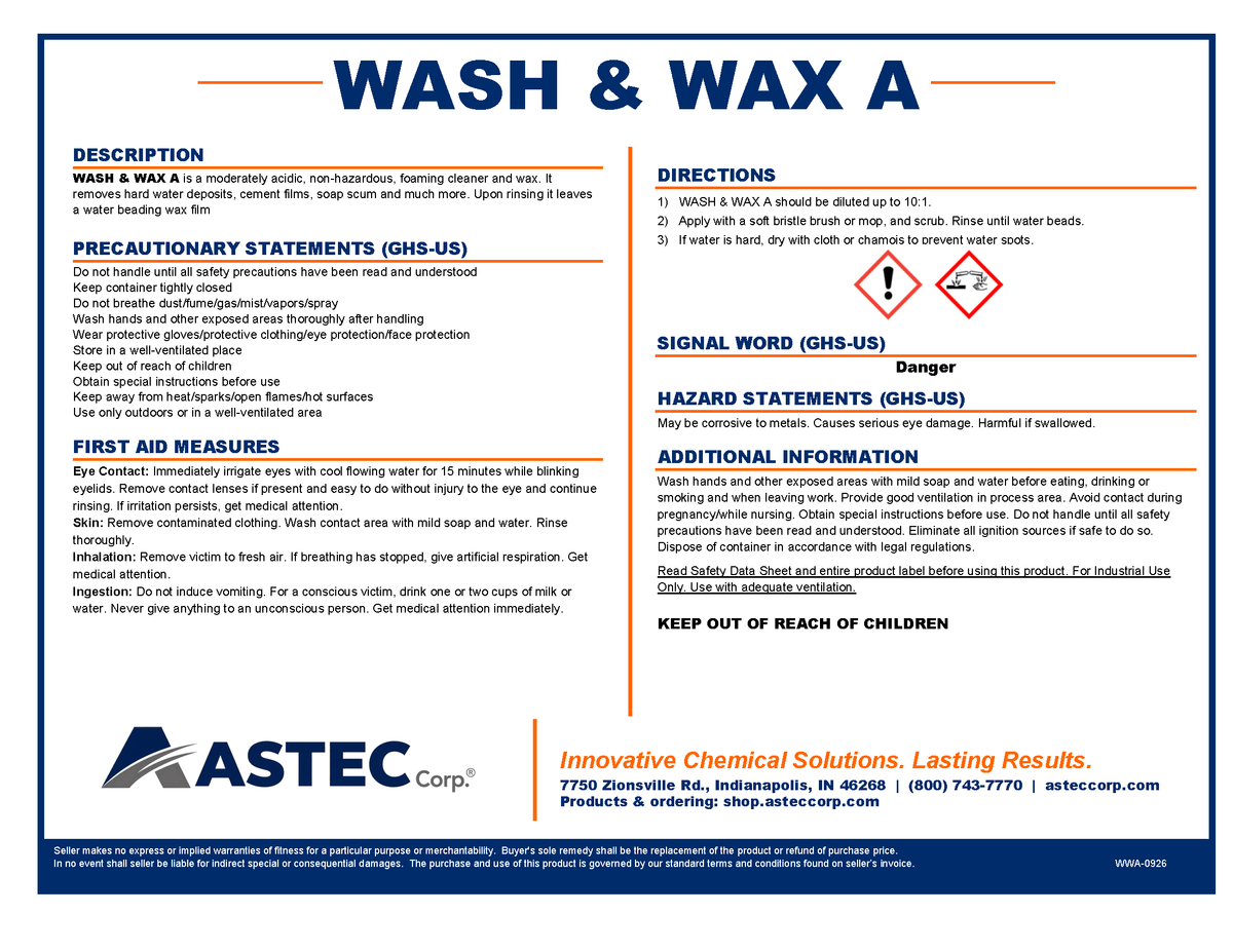 Astec Wash & Wax A concrete cleaner and brightener product label