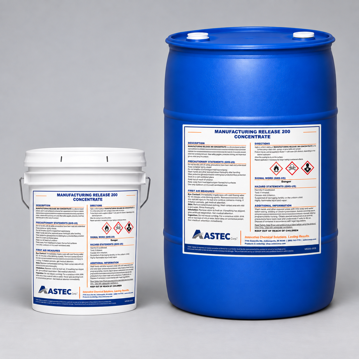 Astec Manufacturing Release 200 Concentrate equipment release coating in 5-gallon pail and 55-gallon drum