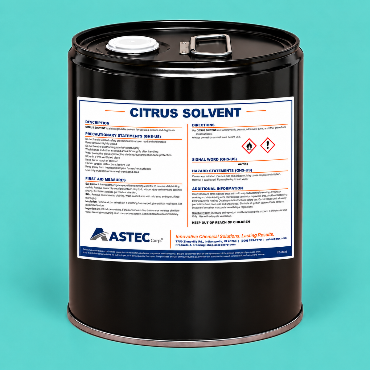 Astec Citrus Solvent high-solvency citrus cleaner and degreaser in 5-gallon steel pail