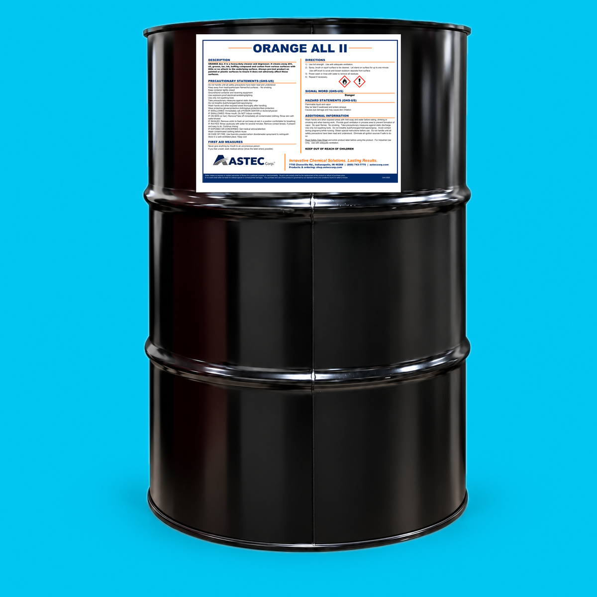 Astec Orange All II heavy-duty citrus solvent cleaner and degreaser in 55-gallon drum