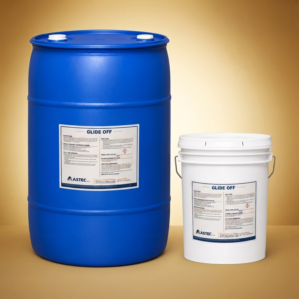 Astec Glide Off asphalt release agent in 5-gallon pail and 55-gallon drum