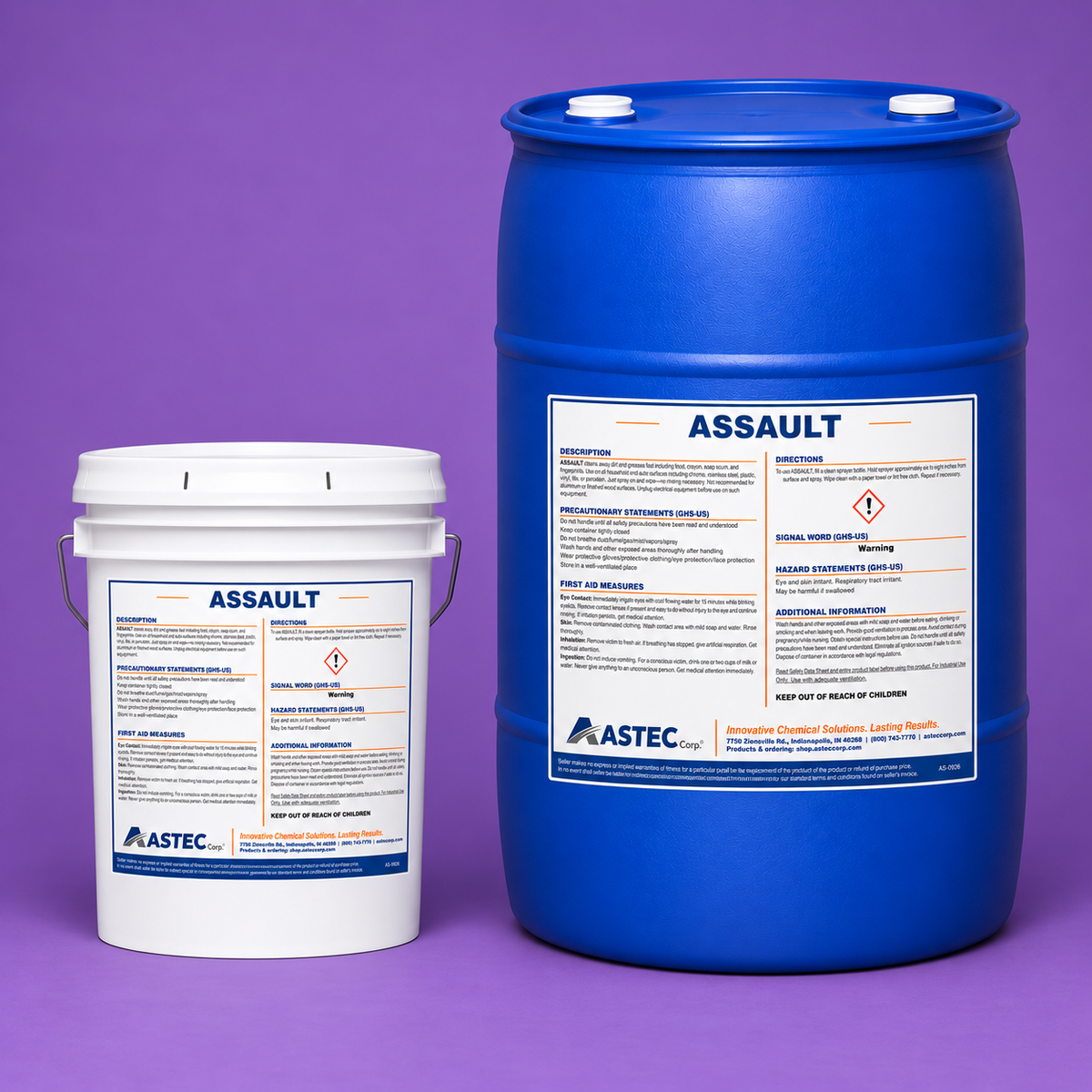 Astec Assault light-duty metal and equipment cleaner in 5-gallon pail and 55-gallon drum