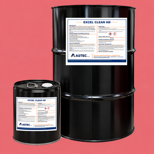 Astec Excel Clean HD asphalt extraction solvent in 5-gallon steel pail and 55-gallon drum