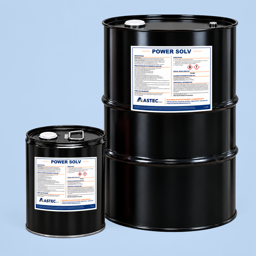 Astec Power Solv asphalt extraction solvent in 5-gallon steel pail and 55-gallon drum