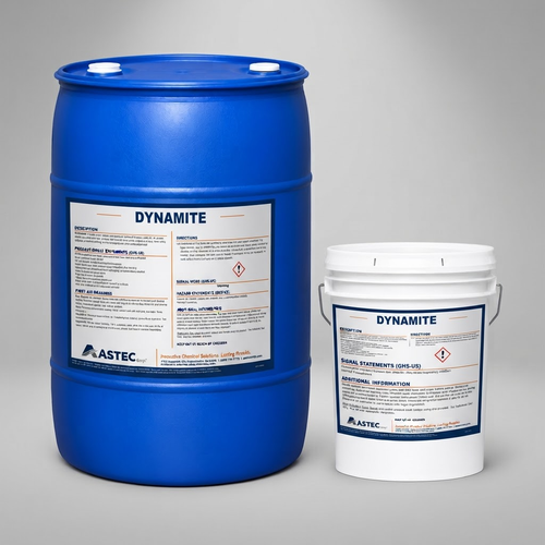 Astec Dynamite heavy-duty industrial cleaner and degreaser in 5-gallon pail and 55-gallon drum