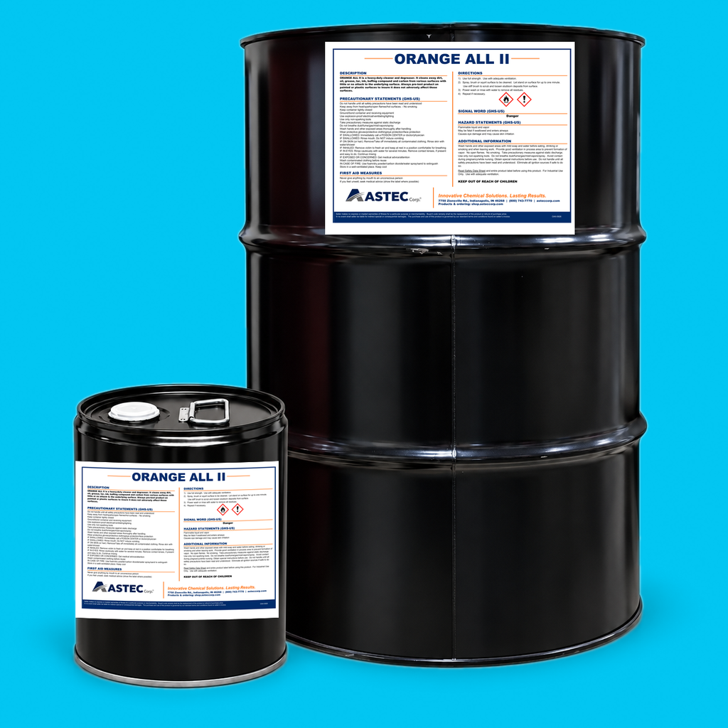 Astec Orange All II heavy-duty citrus solvent cleaner and degreaser in 5-gallon steel pail and 55-gallon drum