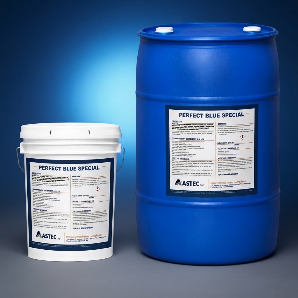 Astec Perfect Blue Special heavy-duty industrial cleaner and degreaser in 5-gallon pail and 55-gallon drum