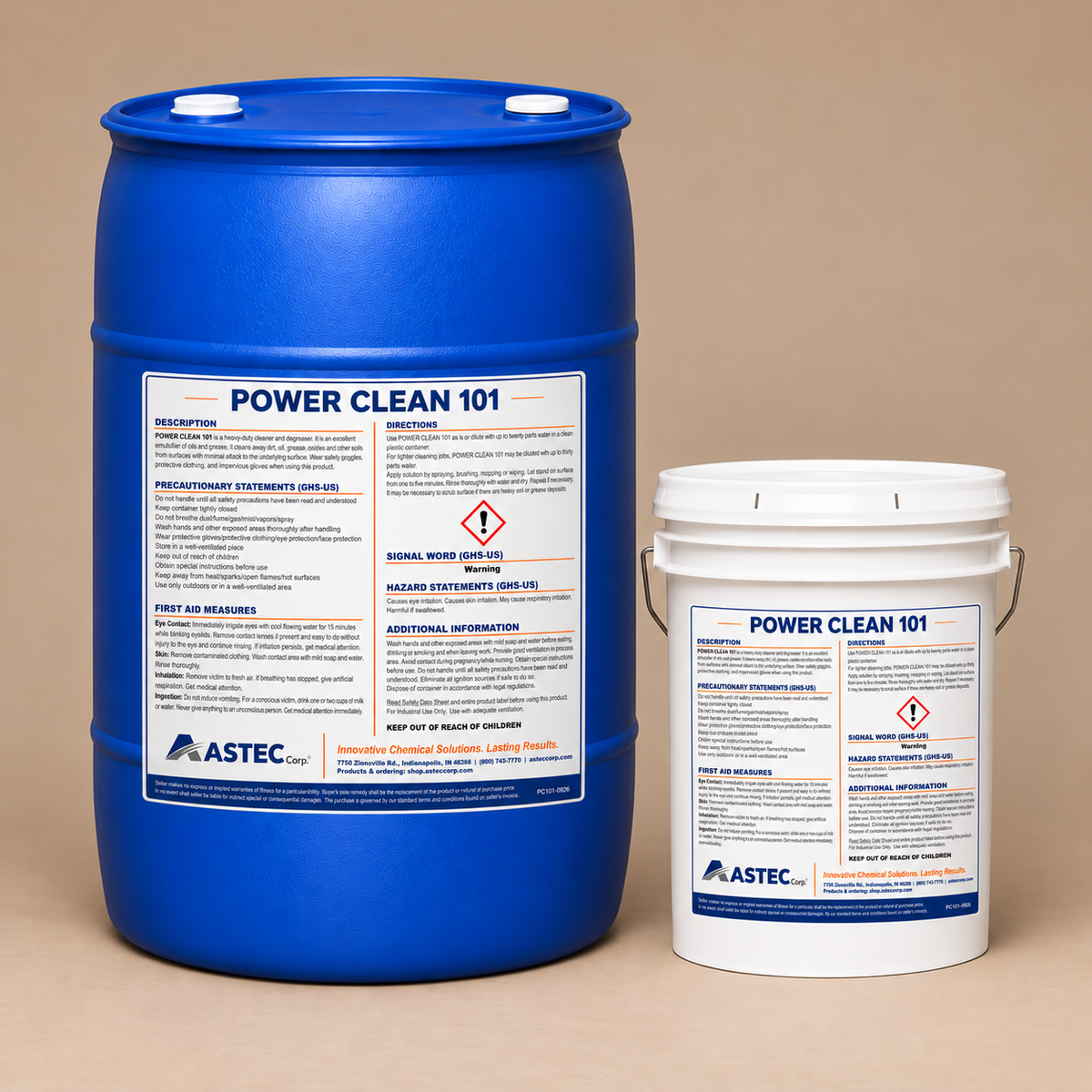Astec Power Clean 101 heavy-duty alkaline cleaner and degreaser in 5-gallon pail and 55-gallon drum