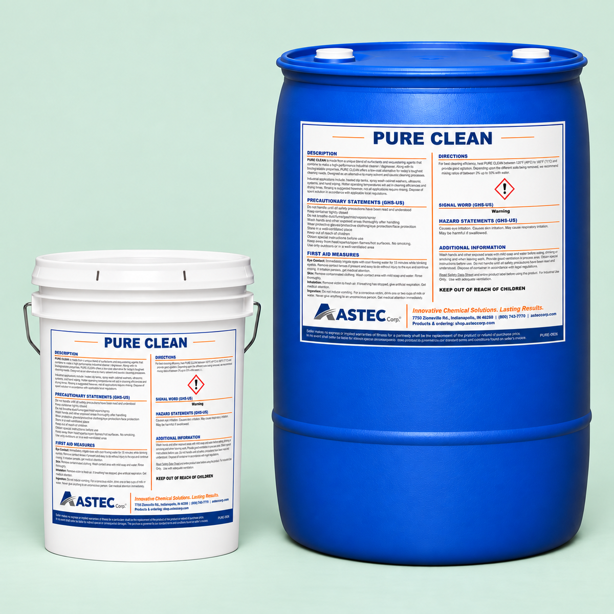 Astec Pure Clean low-foam parts and process cleaner in 5-gallon pail and 55-gallon drum