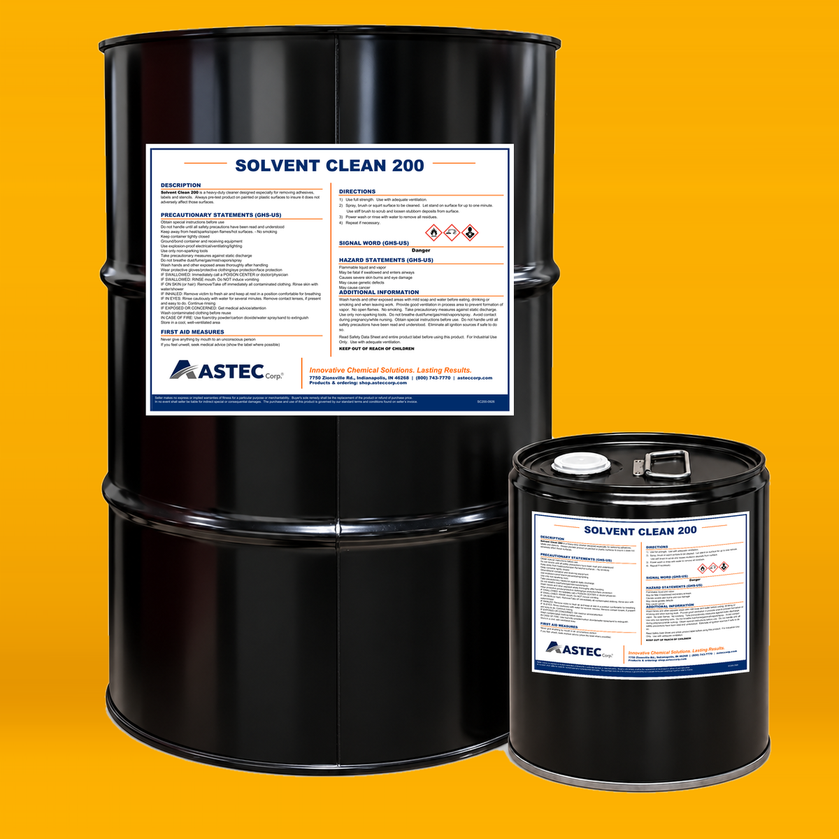 Astec Solvent Clean 200 fast-penetrating industrial solvent cleaner in 5-gallon steel pail and 55-gallon drum