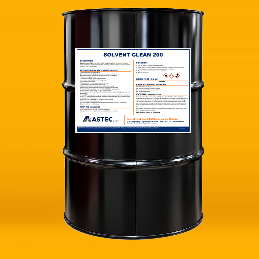 Astec Solvent Clean 200 fast-penetrating industrial solvent cleaner in 55-gallon drum