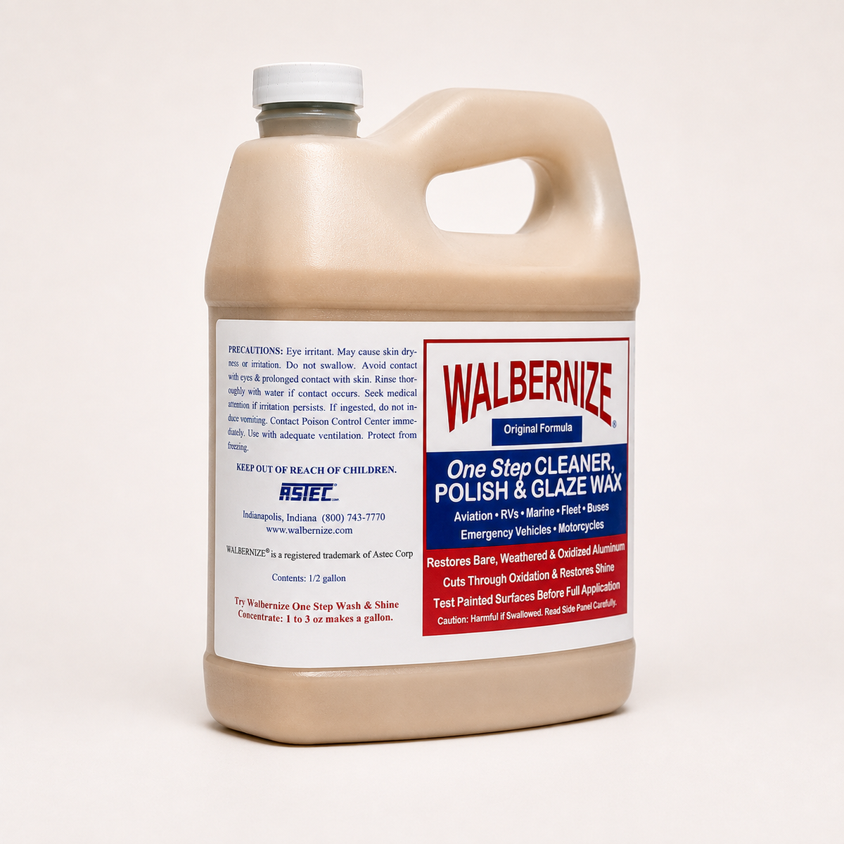 Walbernize Cleaner, Polish & Glaze Wax 1/2 gallon bottle showing back label with directions and cautions
