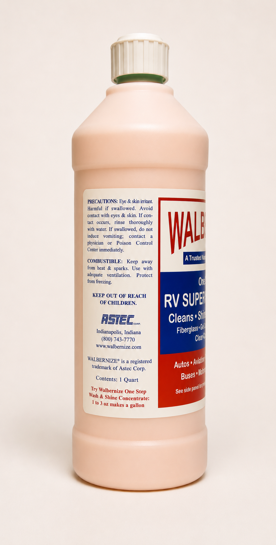 Walbernize RV Super Seal Wax 1-quart bottle showing back label with directions and cautions